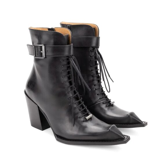 John Fluevog Shoes - Fluevog Swordfish Hi Cubist Cupcake Lace-Up Ankle Boots - Black - Women's 10.5
